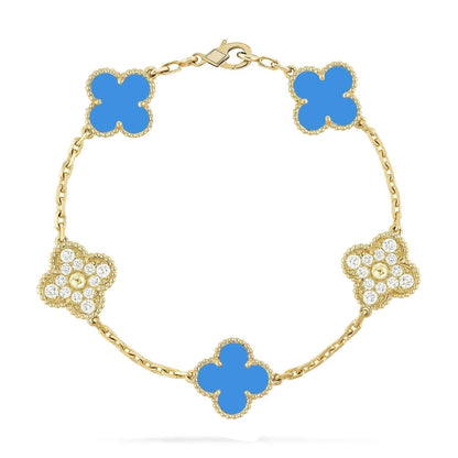 [Clover Jewelery]CLOVER 5 MOTIF BLUE CHALCEDONY DIAMOND GOLD BRACELET