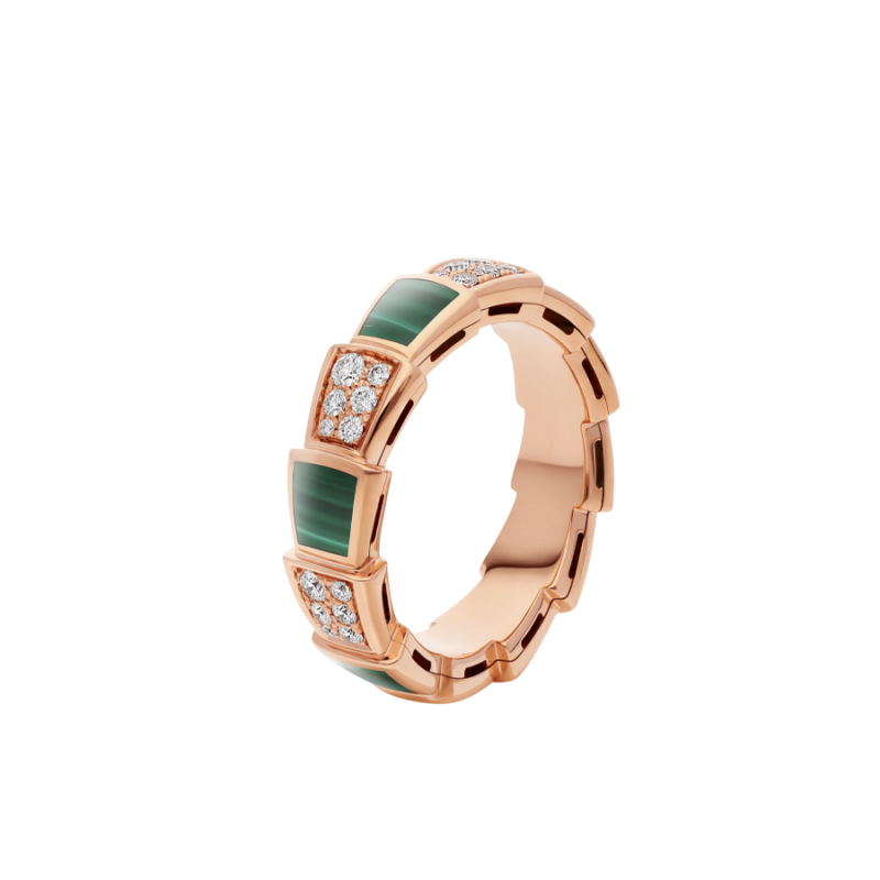 [Clover Jewelery]SERPENTI RING PINK GOLD MALACHITE DIAMOND PAVED 4MM