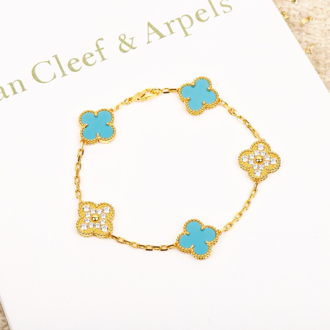 [Clover Jewelery]CLOVER 5 MOTIF TURQUOISE DIAMOND GOLD BRACELET