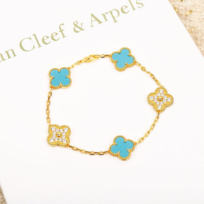 [Clover Jewelery]CLOVER 5 MOTIF TURQUOISE DIAMOND GOLD BRACELET