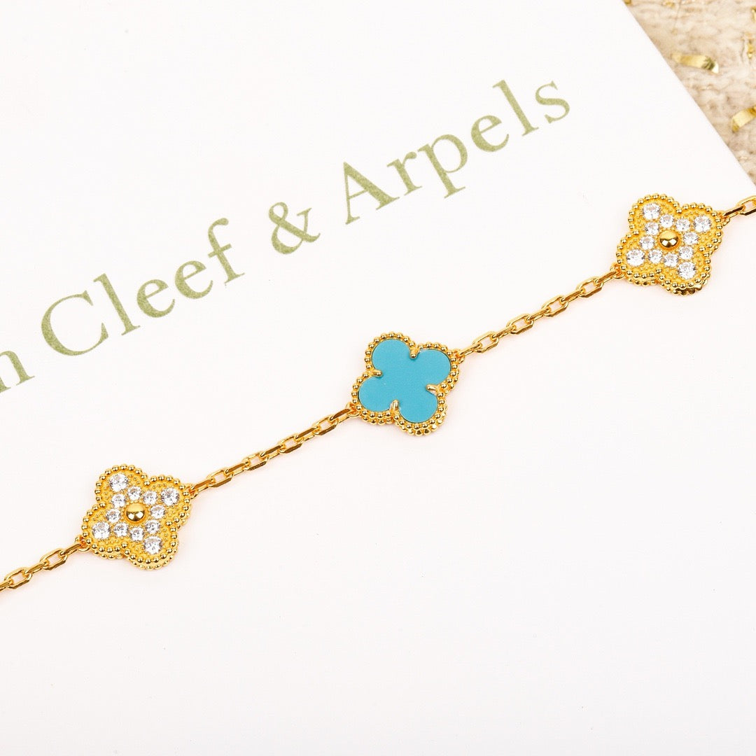 [Clover Jewelery]CLOVER 5 MOTIF TURQUOISE DIAMOND GOLD BRACELET