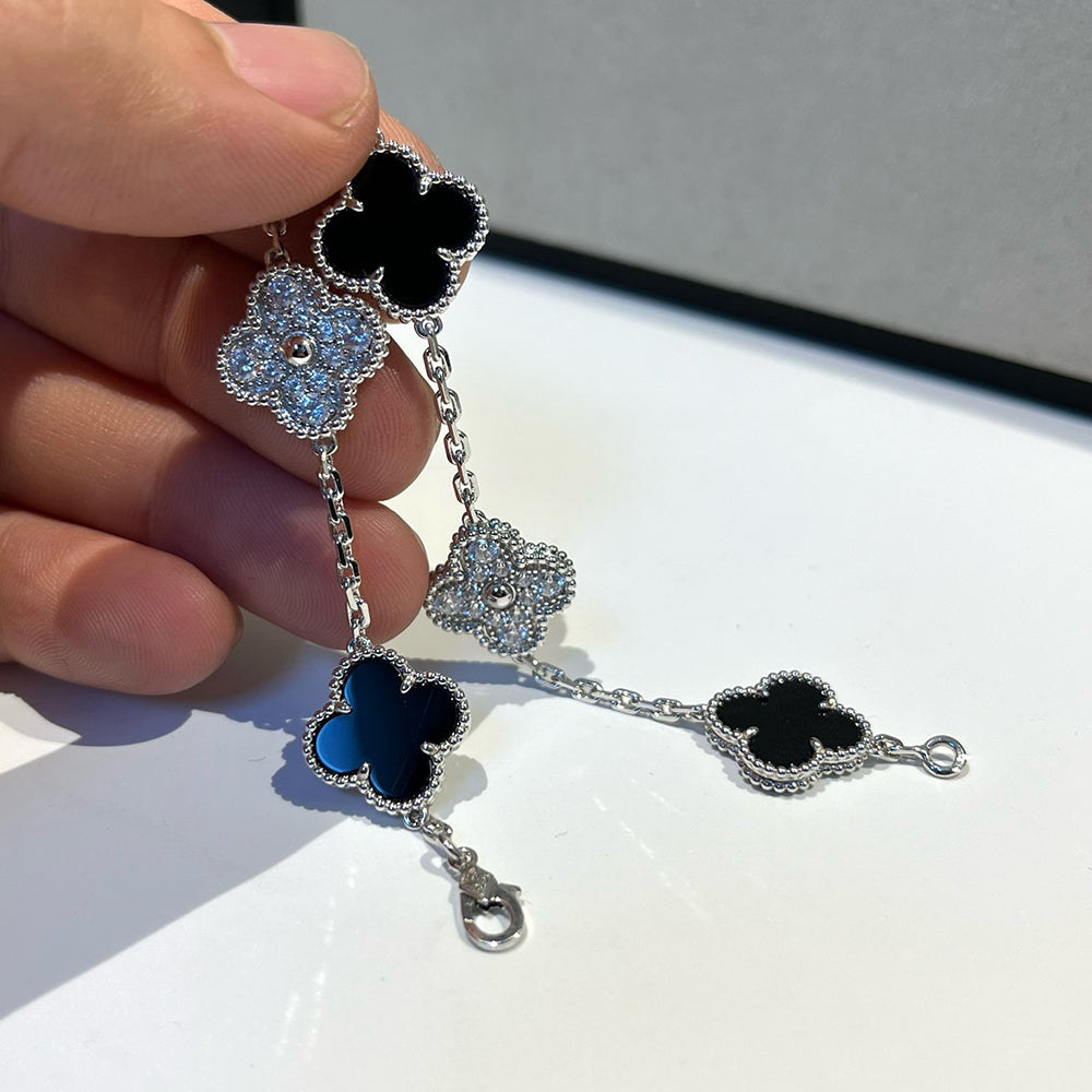 [Clover Jewelery]CLOVER 5 MOTIF ONYXS DIAMOND BRACELET SILVER