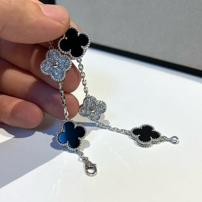 [Clover Jewelery]CLOVER 5 MOTIF ONYXS DIAMOND BRACELET SILVER