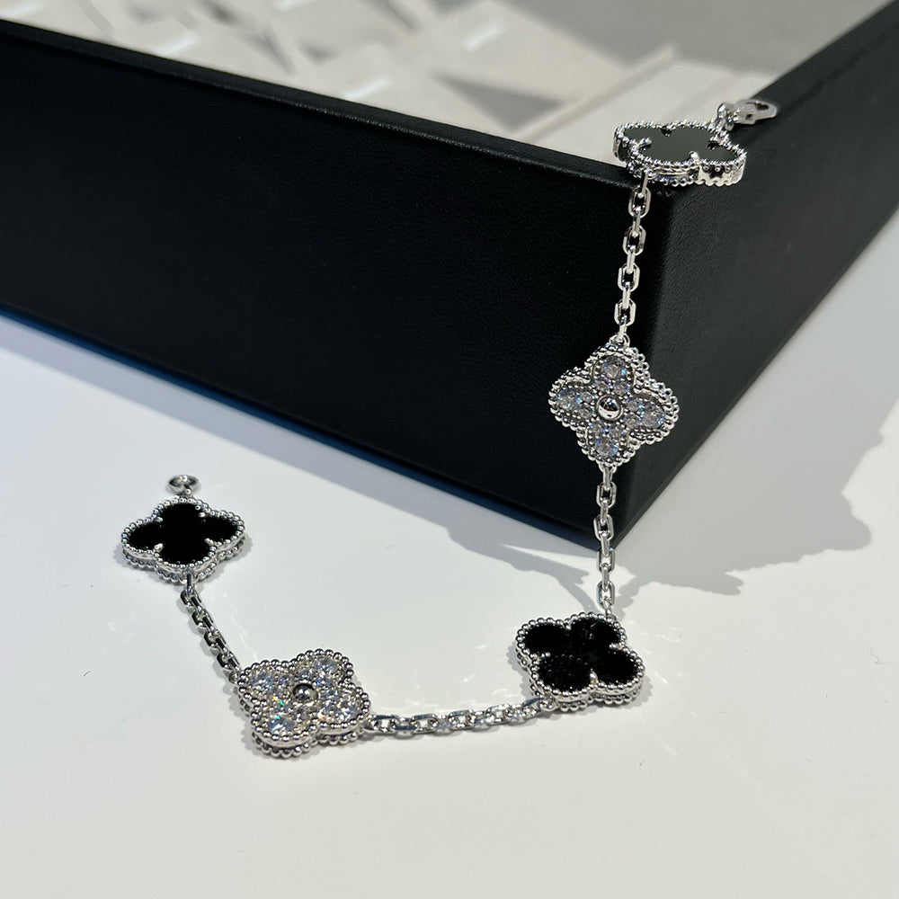 [Clover Jewelery]CLOVER 5 MOTIF ONYXS DIAMOND BRACELET SILVER