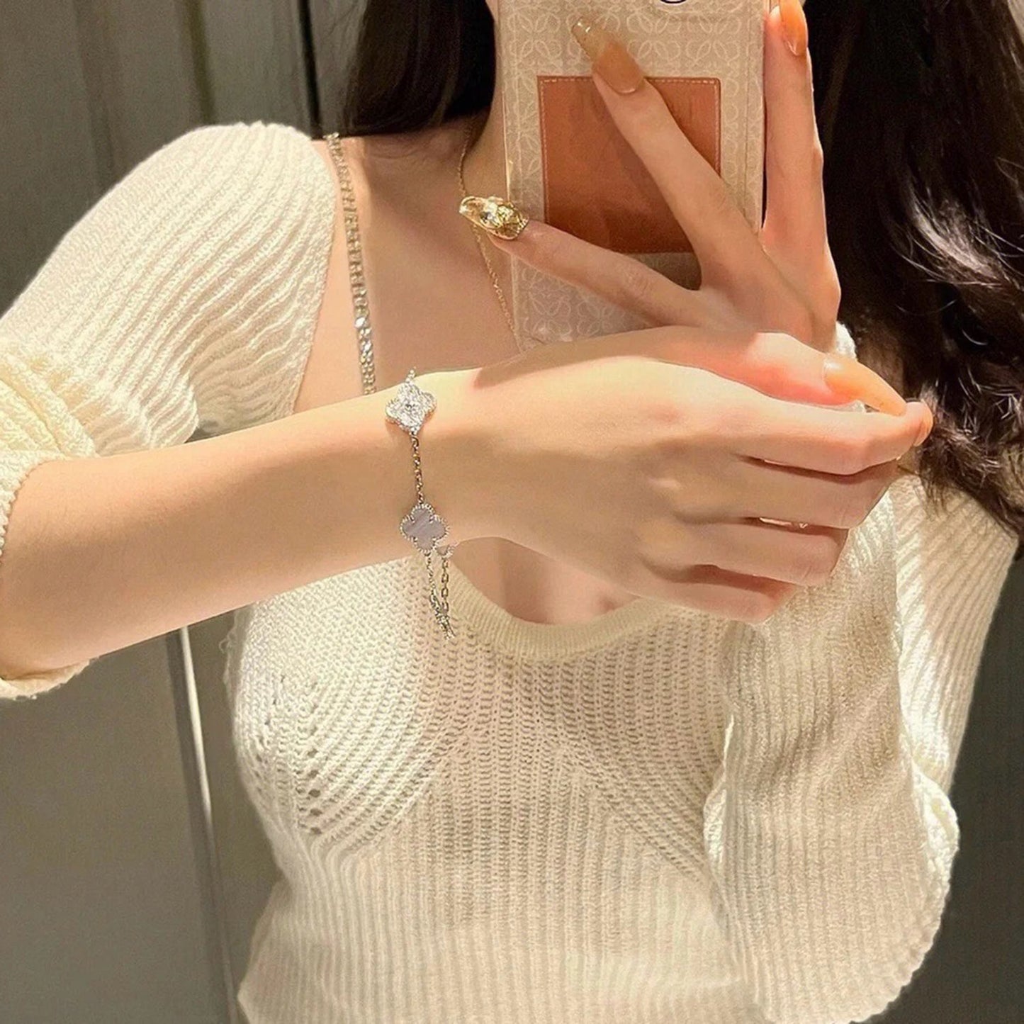 [Clover Jewelery]CLOVER  5 MOTIF DIAMOND PURPLE CHALCEDONY BRACELET SILVER