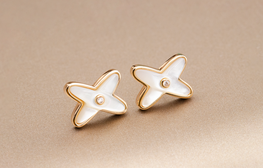 [Clover Jewelery]JEUX DE WHITE MOP ROSE GOLD DIAMOND EARRINGS