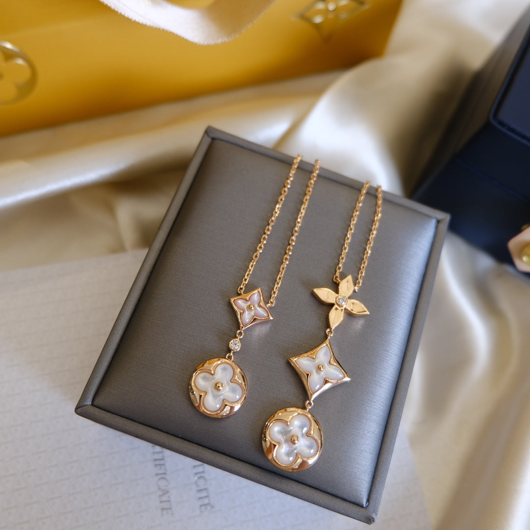 [Clover Jewelery]COLOR BLOSSOM LARIAT NECKLACE PINK GOLD WHITE MOTHER PEARL AND DIAMOND
