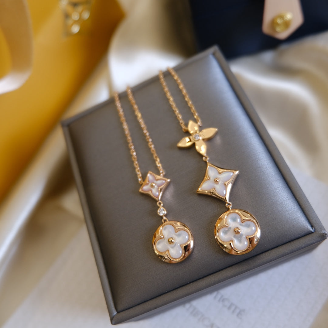 [Clover Jewelery]COLOR BLOSSOM LARIAT NECKLACE PINK GOLD WHITE MOTHER PEARL AND DIAMOND