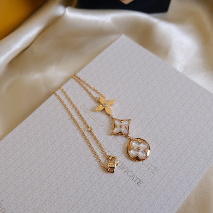 [Clover Jewelery]COLOR BLOSSOM LARIAT NECKLACE PINK GOLD WHITE MOTHER PEARL AND DIAMOND