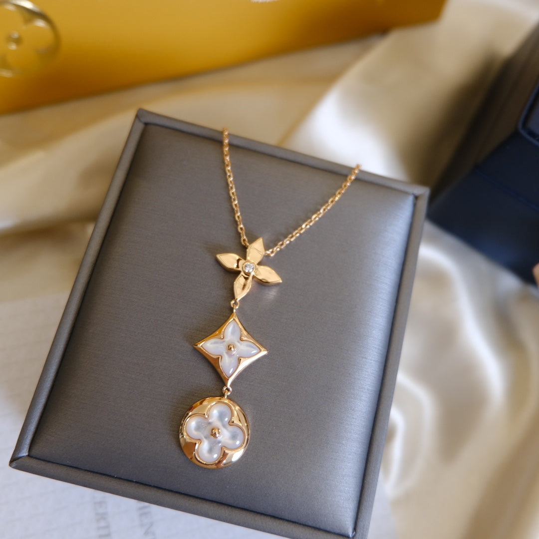[Clover Jewelery]COLOR BLOSSOM LARIAT NECKLACE PINK GOLD WHITE MOTHER PEARL AND DIAMOND