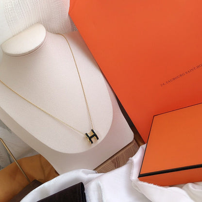 [Clover Jewelery]HM CLIC BLACK ENAMEL GOLD NECKLACE