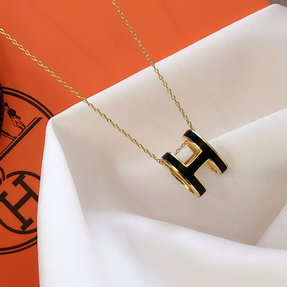 [Clover Jewelery]HM CLIC BLACK ENAMEL GOLD NECKLACE