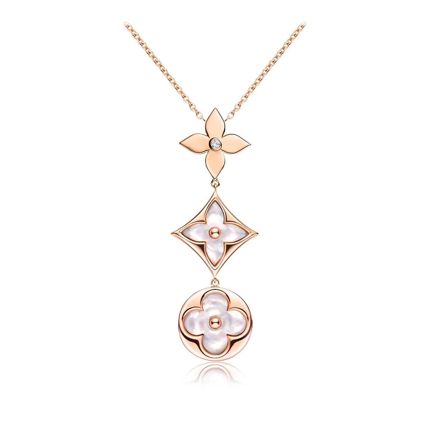 [Clover Jewelery]COLOR BLOSSOM LARIAT NECKLACE PINK GOLD WHITE MOTHER PEARL AND DIAMOND