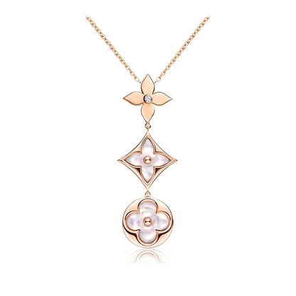 [Clover Jewelery]COLOR BLOSSOM LARIAT NECKLACE PINK GOLD WHITE MOTHER PEARL AND DIAMOND