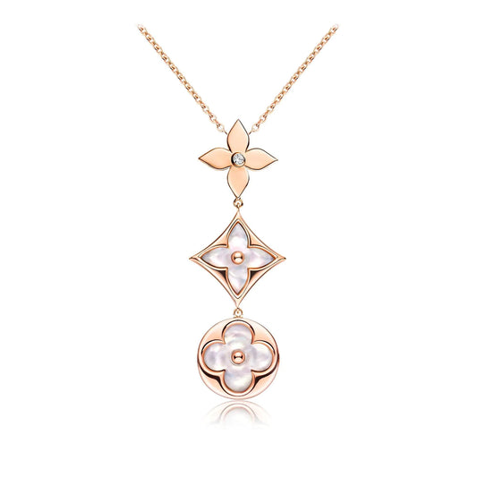 [Clover Jewelery]COLOR BLOSSOM LARIAT NECKLACE PINK GOLD WHITE MOTHER PEARL AND DIAMOND