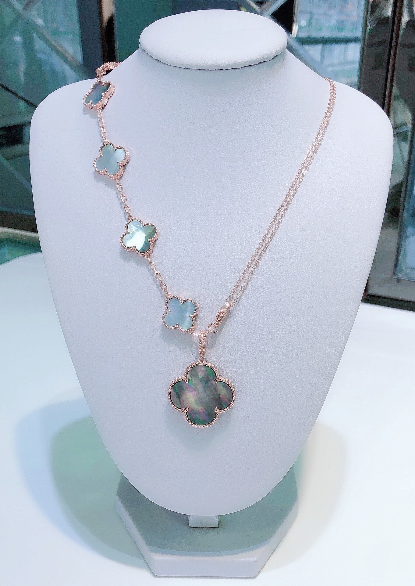 [Clover Jewelery]COMBINED BRACELET 5 MOTIFS AND NECKLACE DARK MOP ROSE GOLD