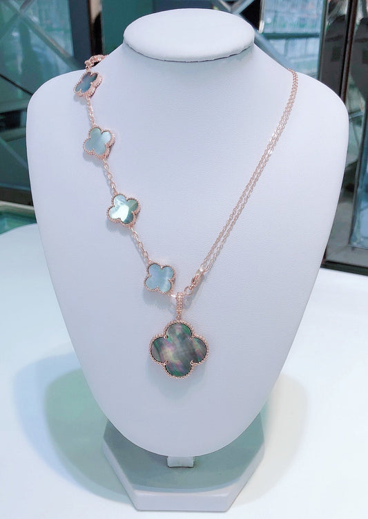 [Clover Jewelery]COMBINED BRACELET 5 MOTIFS AND NECKLACE DARK MOP ROSE GOLD
