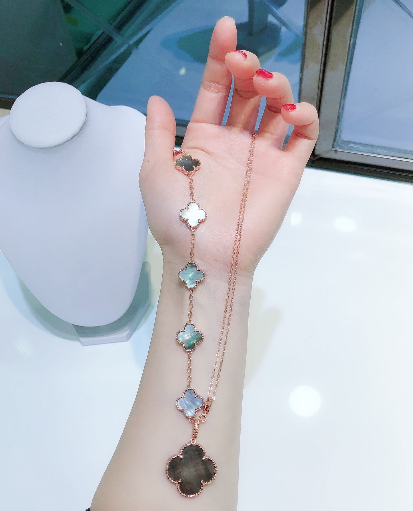 [Clover Jewelery]COMBINED BRACELET 5 MOTIFS AND NECKLACE DARK MOP ROSE GOLD
