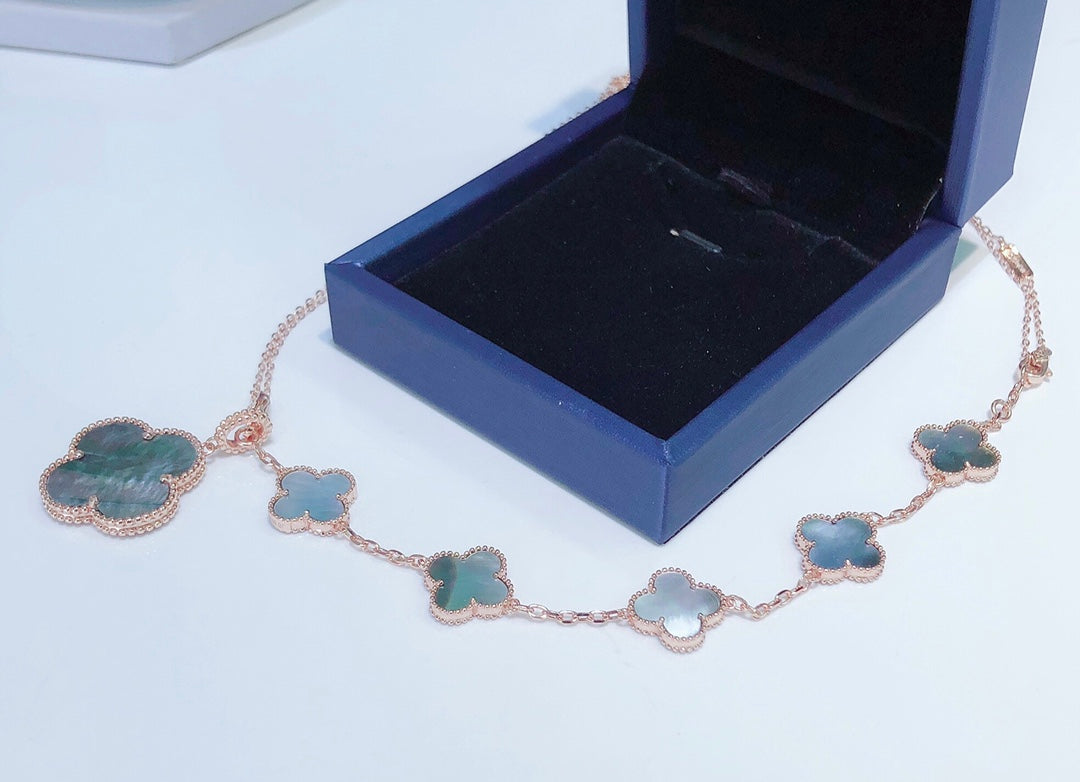 [Clover Jewelery]COMBINED BRACELET 5 MOTIFS AND NECKLACE DARK MOP ROSE GOLD