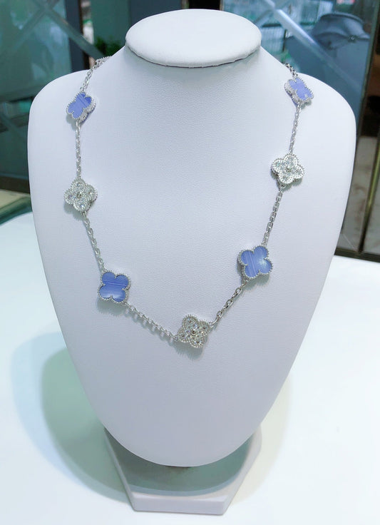 [Clover Jewelery]CLOVER 10 MOTIFS CHALCEDONY DIAMONDS SILVER NECKLACE