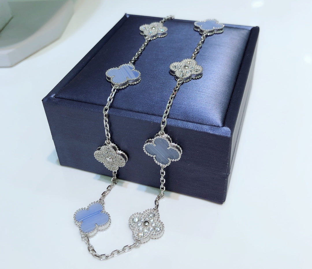 [Clover Jewelery]CLOVER 10 MOTIFS CHALCEDONY DIAMONDS SILVER NECKLACE