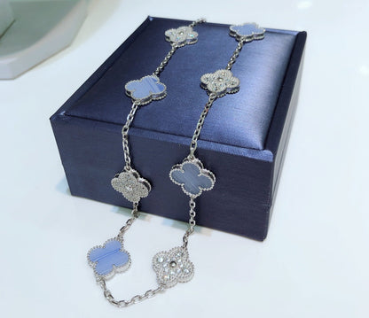 [Clover Jewelery]CLOVER 10 MOTIFS CHALCEDONY DIAMONDS SILVER NECKLACE