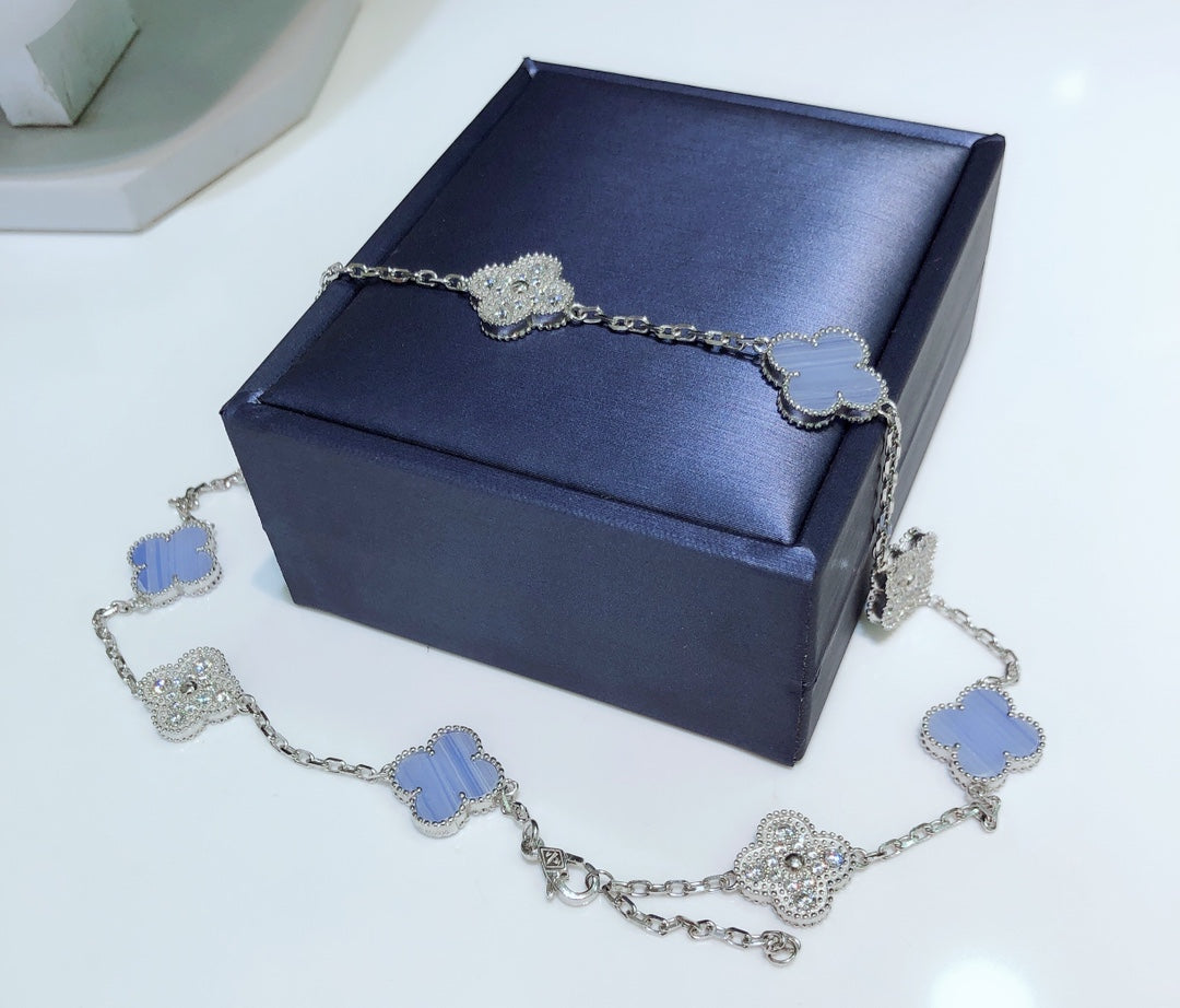 [Clover Jewelery]CLOVER 10 MOTIFS CHALCEDONY DIAMONDS SILVER NECKLACE