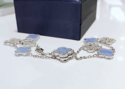 [Clover Jewelery]CLOVER 10 MOTIFS CHALCEDONY DIAMONDS SILVER NECKLACE