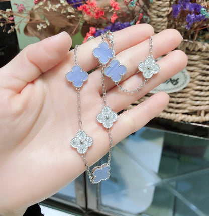 [Clover Jewelery]CLOVER 10 MOTIFS CHALCEDONY DIAMONDS SILVER NECKLACE