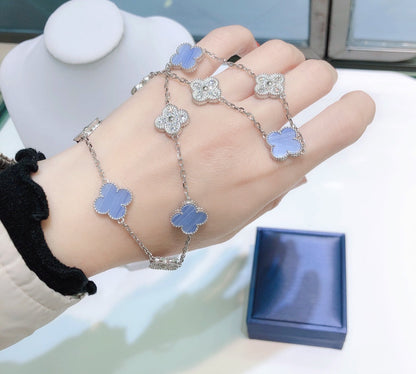 [Clover Jewelery]CLOVER 10 MOTIFS CHALCEDONY DIAMONDS SILVER NECKLACE