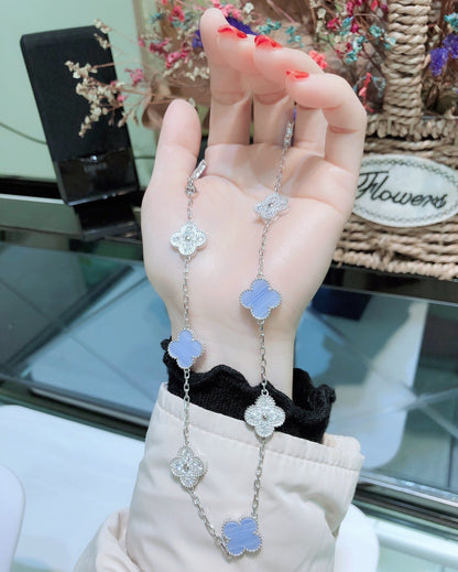[Clover Jewelery]CLOVER 10 MOTIFS CHALCEDONY DIAMONDS SILVER NECKLACE