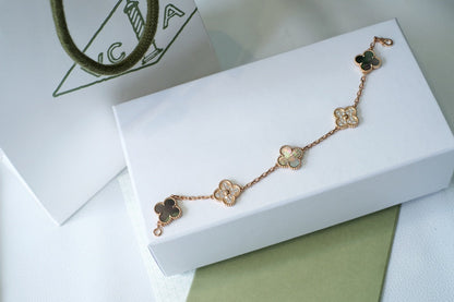 [Clover Jewelery]CLOVER 5 MOTIFS DARK MOP AND DIAMONDS PINK GOLD BRACELET
