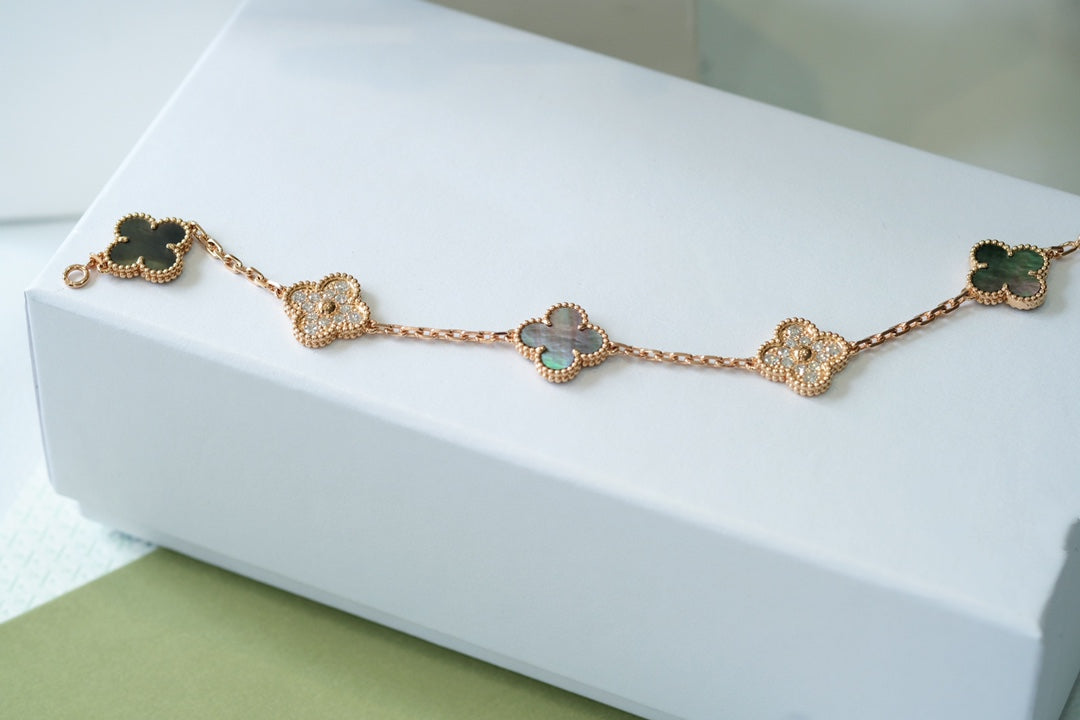 [Clover Jewelery]CLOVER 5 MOTIFS DARK MOP AND DIAMONDS PINK GOLD BRACELET