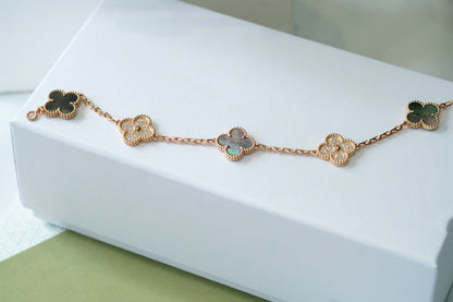 [Clover Jewelery]CLOVER 5 MOTIFS DARK MOP AND DIAMONDS PINK GOLD BRACELET