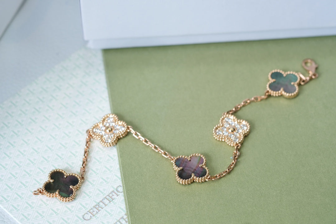 [Clover Jewelery]CLOVER 5 MOTIFS DARK MOP AND DIAMONDS PINK GOLD BRACELET