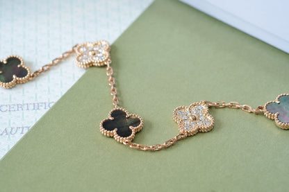 [Clover Jewelery]CLOVER 5 MOTIFS DARK MOP AND DIAMONDS PINK GOLD BRACELET